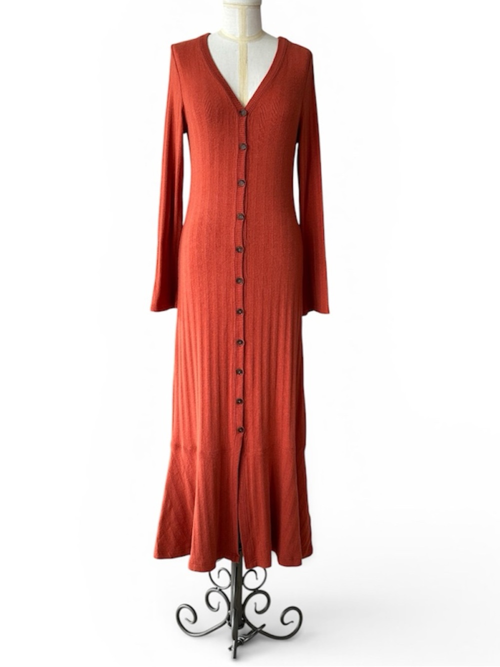 Anthropologie‎ Elsa Ribbed Maxi Dress Button Down Front Burnt Orange Size Medium